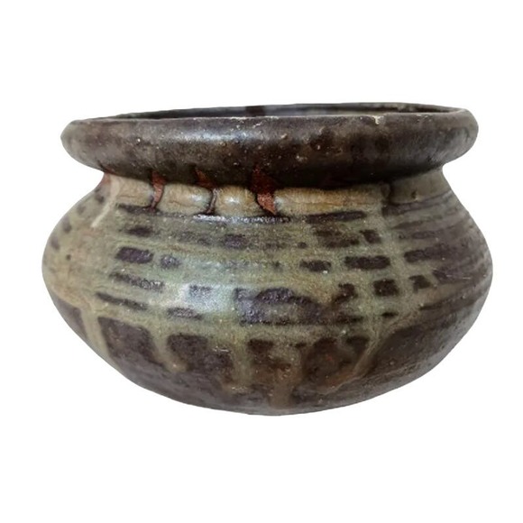 Vintage Artist Pottery Small Pot with Curves Lip Earthy Browns Artisan Rustic